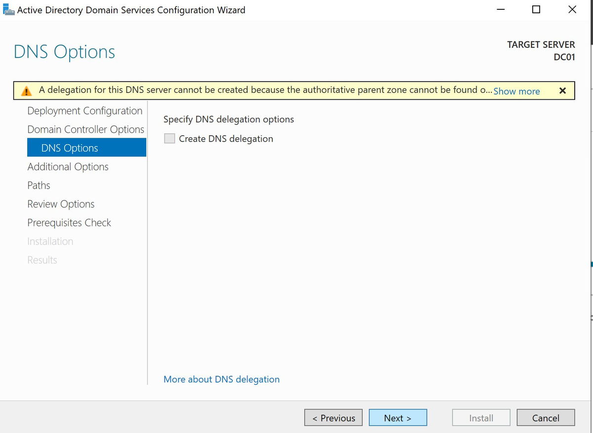 DNS Options — waarschuwing is normaal